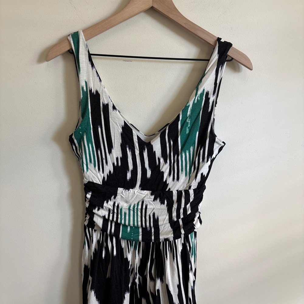 Vanessa Virginia Anthropologie Ikat Abstract V-Neck Ruched Maxi Dress Small Teal
